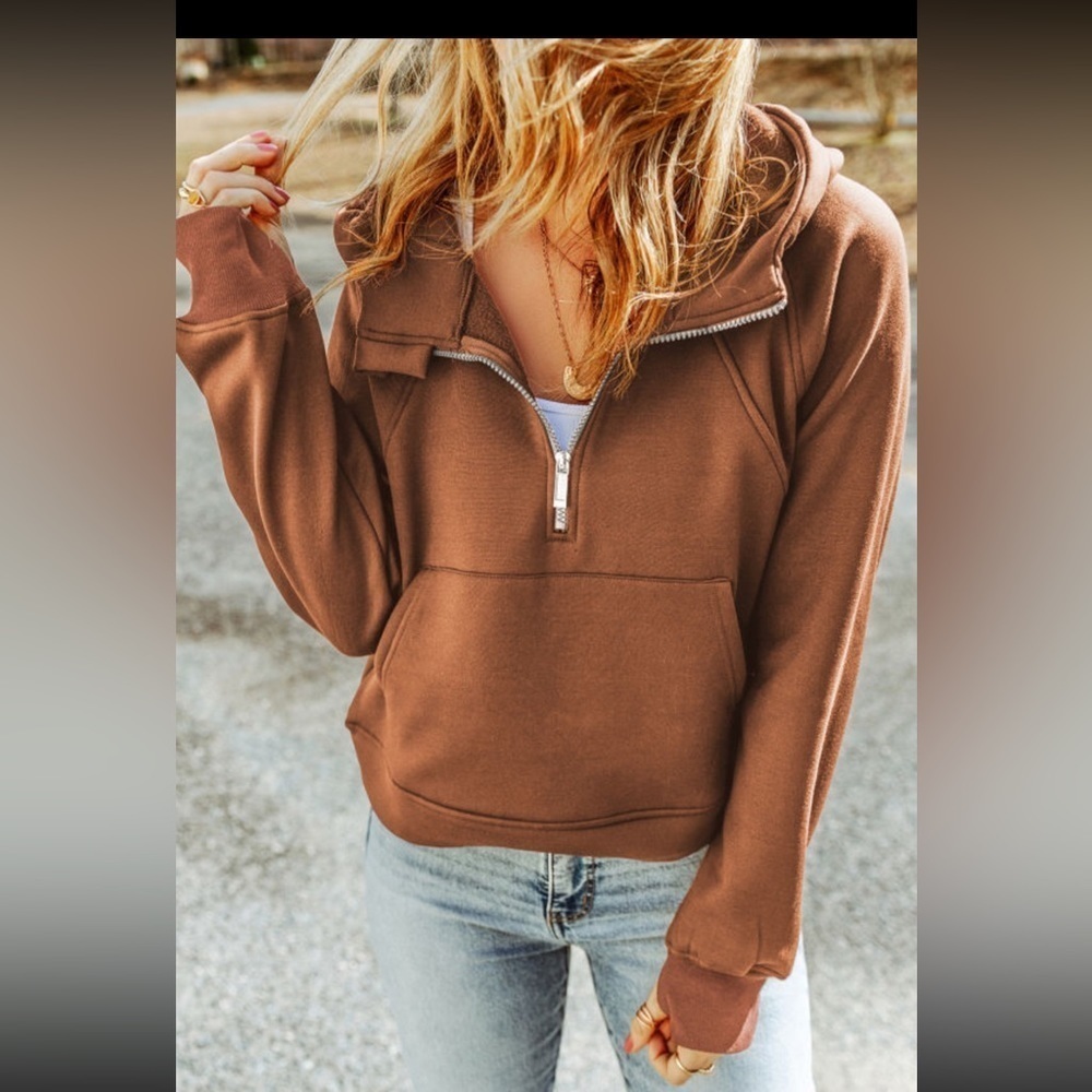 Perfect Fall Boutique Brown Quarter Zip Kangaroo Pocket Hoodie